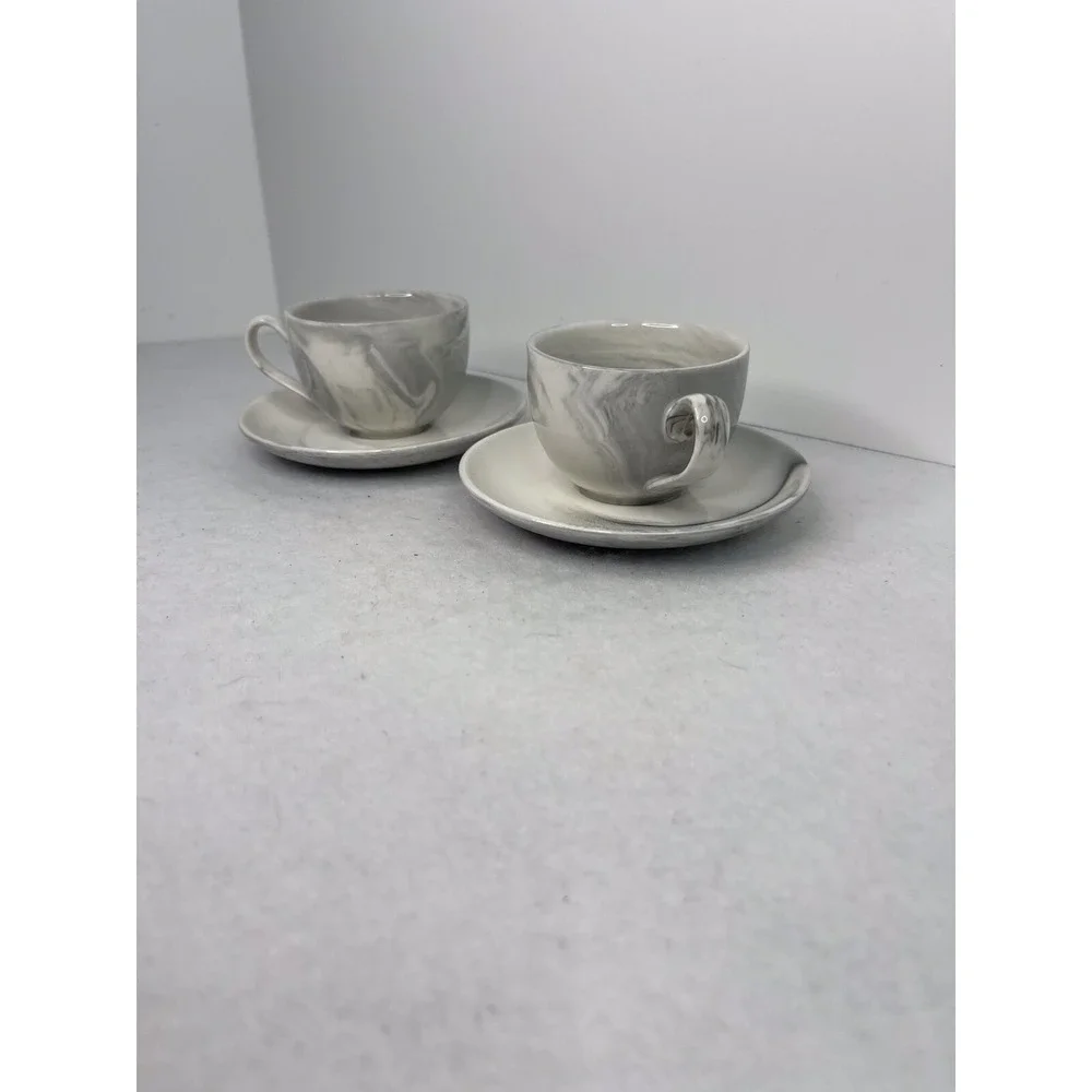 Ciroa Marbled Demitasse  2 Espresso Cups and Saucer set Gray Black White